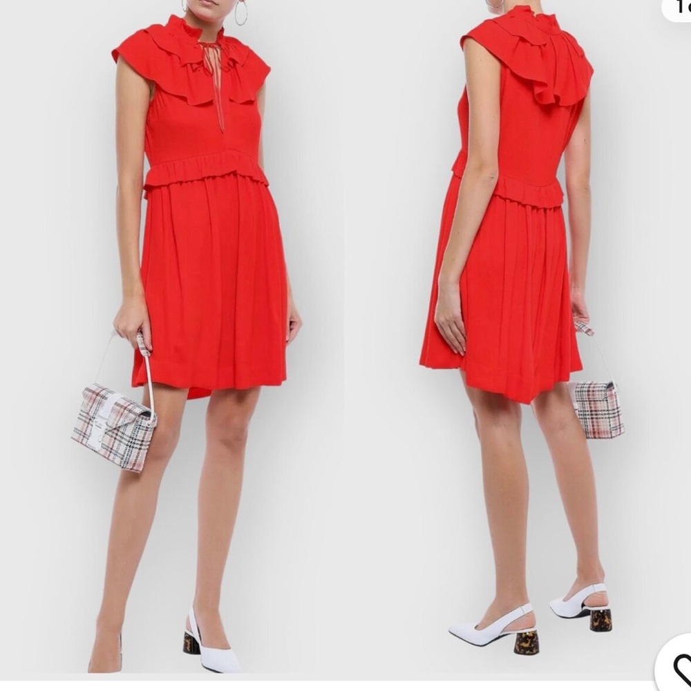 Maje Rutta Red Ruffled Crepe Mini Dress Size 2 US 6 - Picture 7 of 12